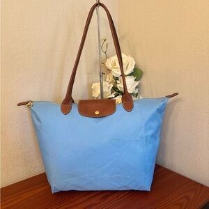 Longchamp Light Blue Tote with Brown Trim - Le Pliage Shoulder Bag